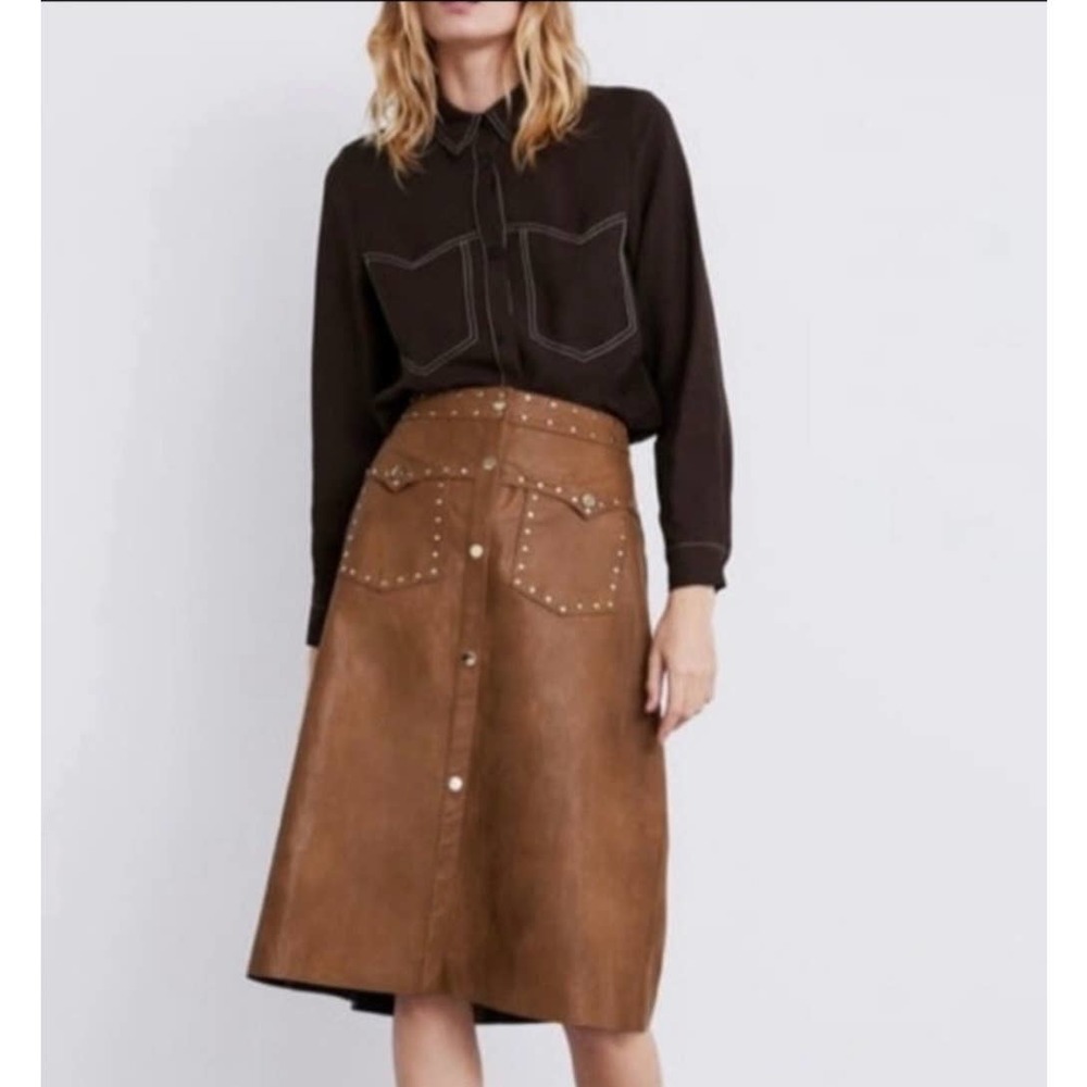 ZARA Studded Faux Leather Midi Skirt Cowboy Western Camel Brown